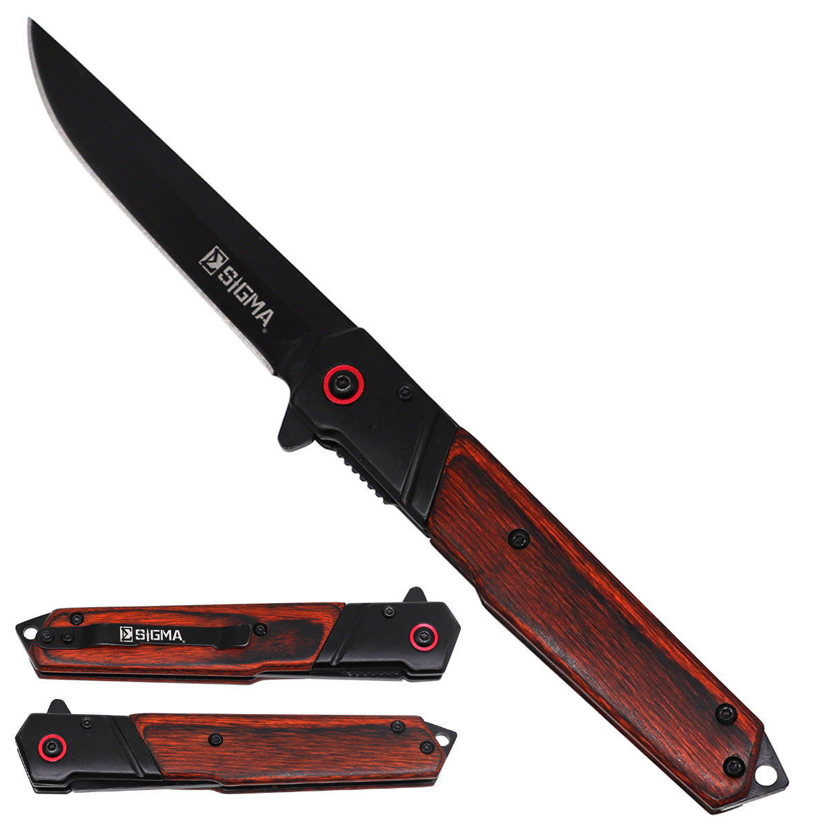 Folding knife with black blade and red accents on a white background