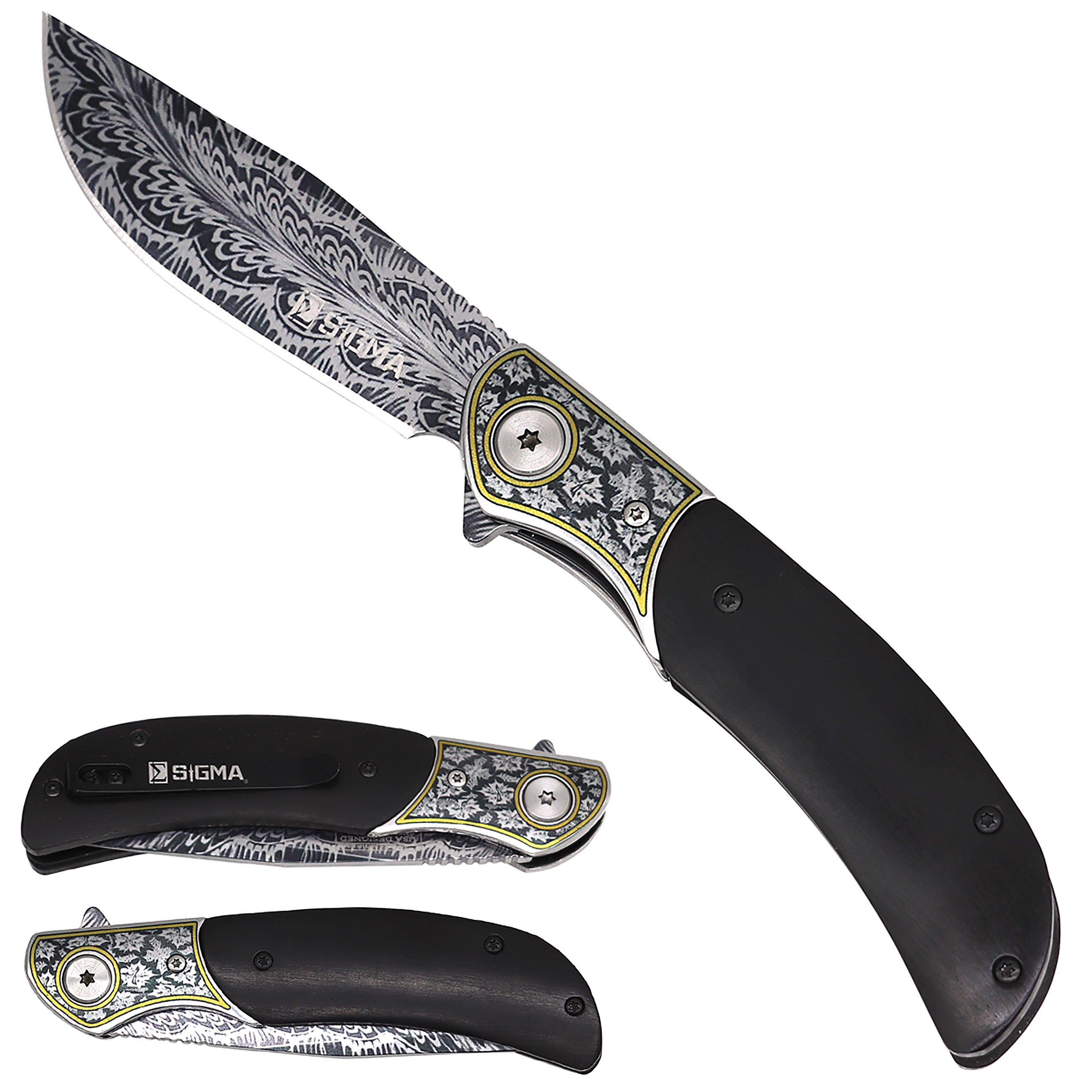 Sigma Damascus Ball-Bearing Pocket Knife - Wood Handle