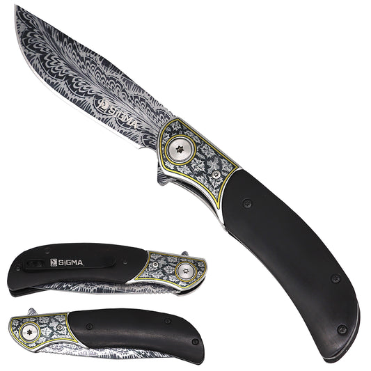 Sigma Damascus Ball-Bearing Pocket Knife - Wood Handle