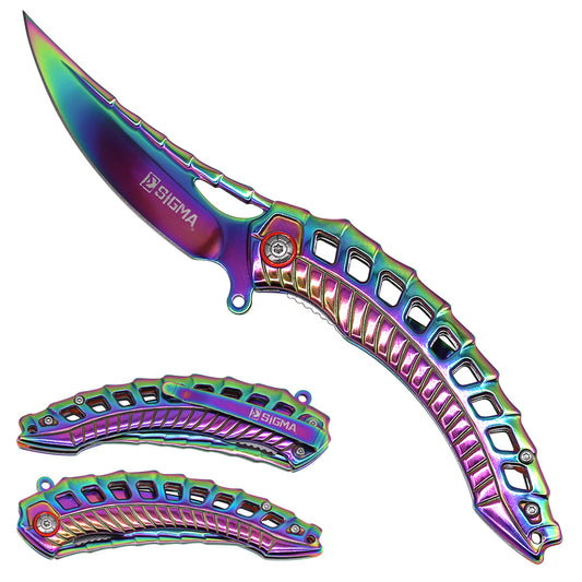 Sigma Ball Bearing Flipper Knife with Sculpted Handle - Rainbow