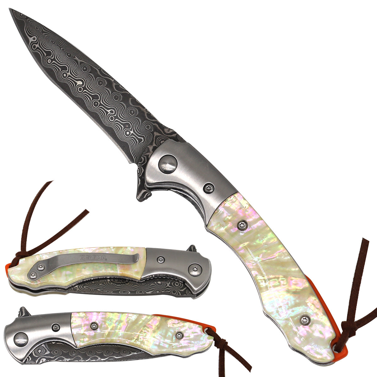 Sigma Ball Bearing Folding Knife - Marble Handle & Damascus Blade
