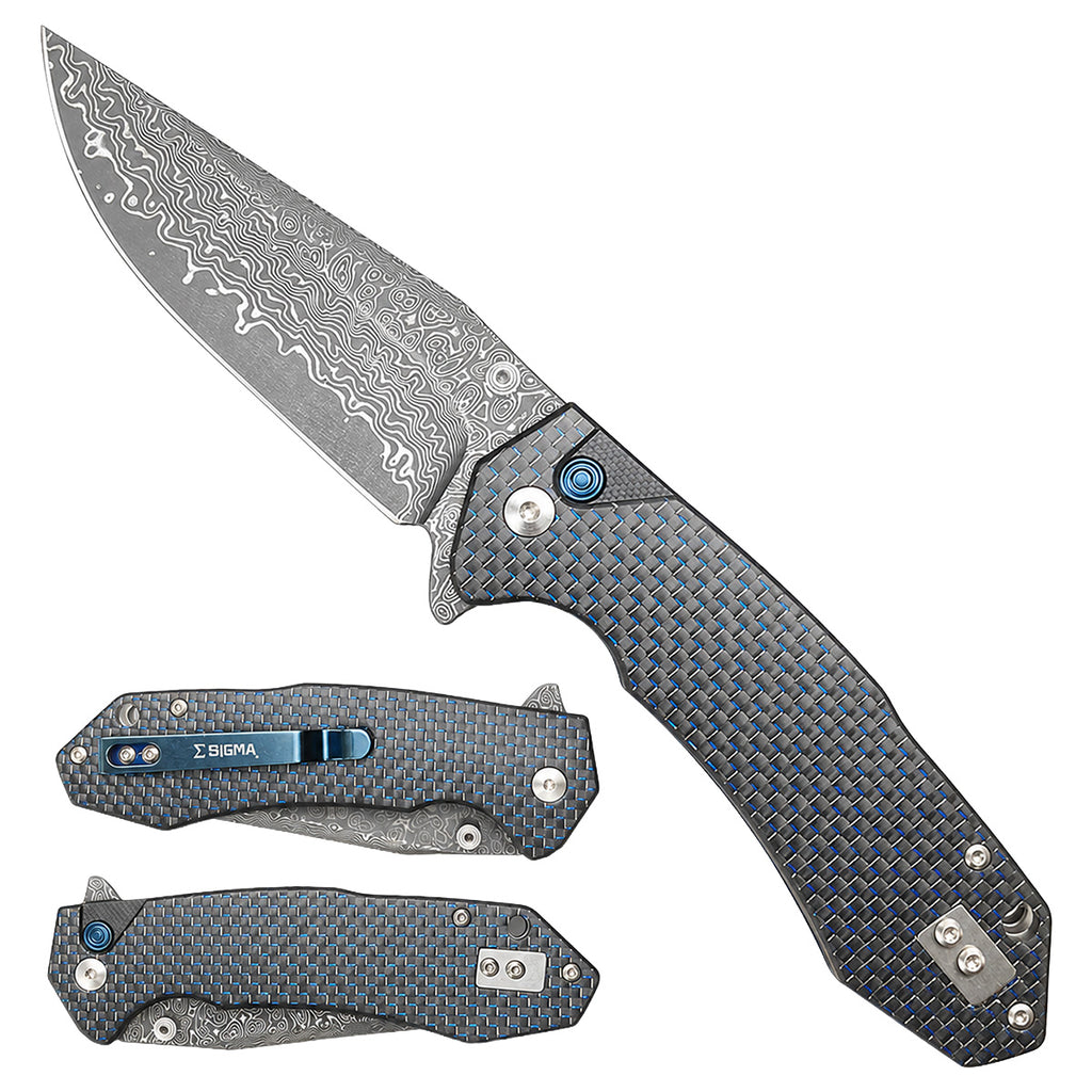 Damascus Ball Bearing Flipper Knife - Carbon Fiber Handle