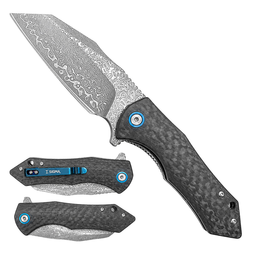 Damascus Ball Bearing Flipper Knife - Black Handle