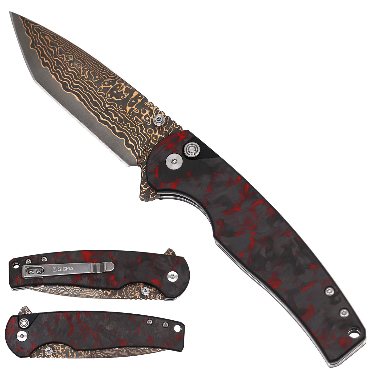 Folding knife with a red and black patterned handle on a white background
