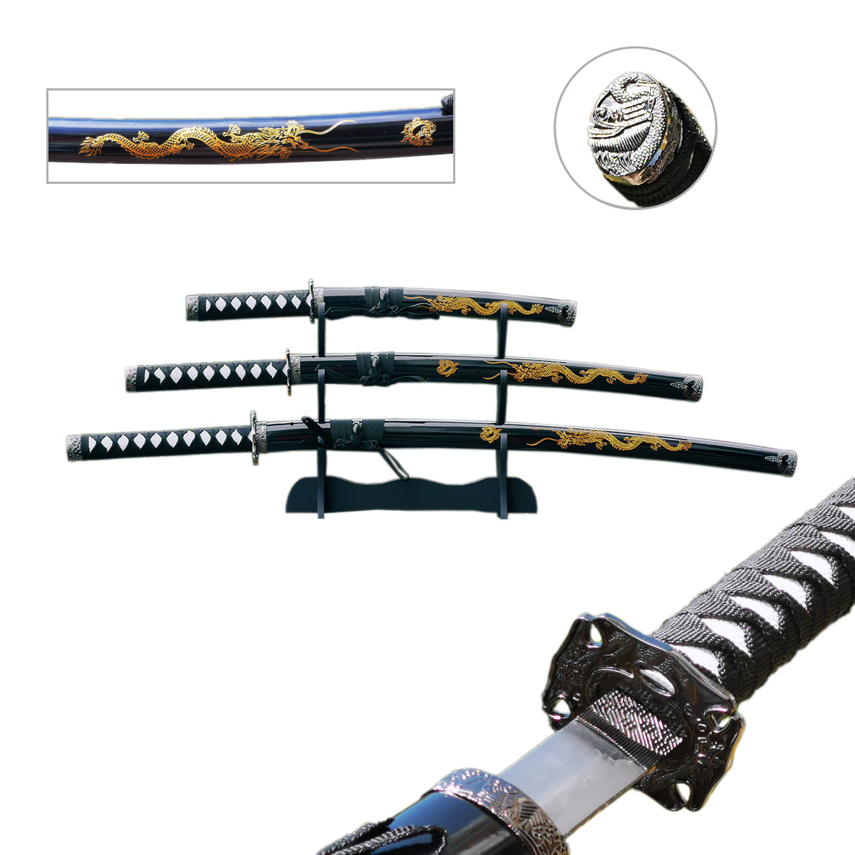 3 Pcs Samurai Sword Set - Gold Dragon Saya