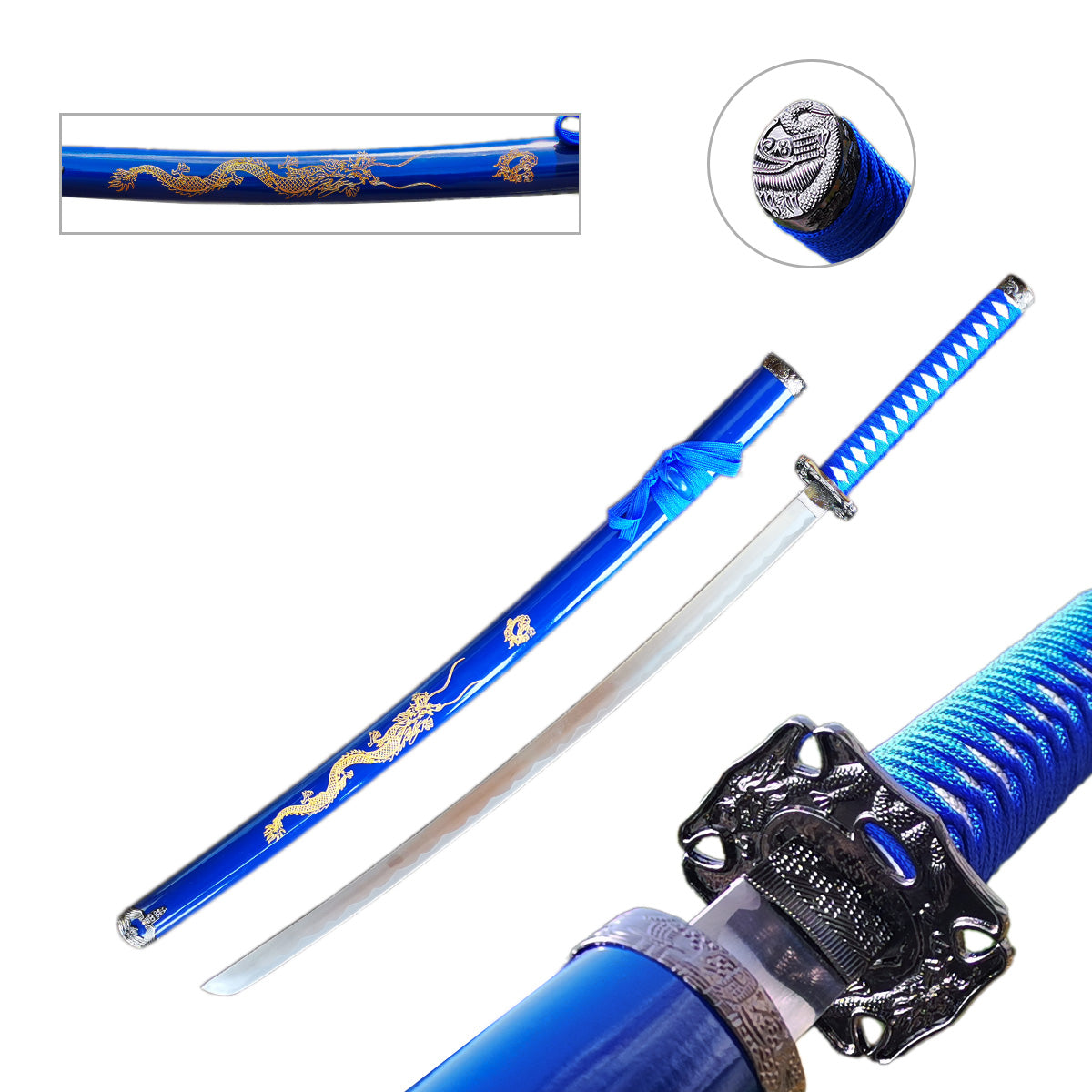 Blue Samurai Sword with Dragon Engraved on Saya