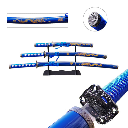 3 Pcs Samurai Sword Blue Set - Gold Dragon Saya