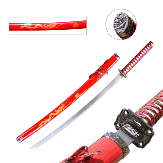 Red Samurai Sword with Dragon Engraved on Saya