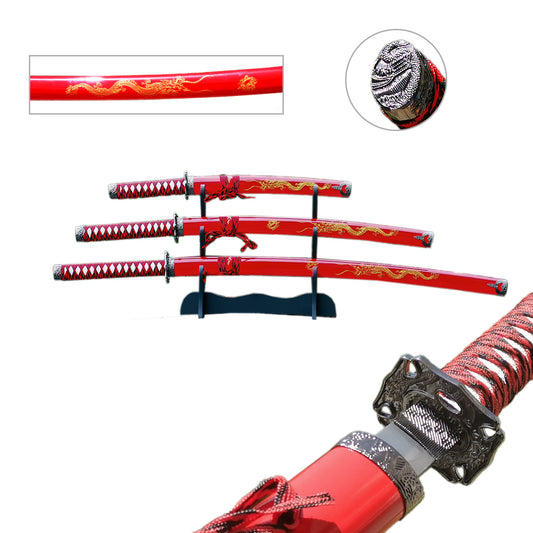 3 Pcs Samurai Sword Red Set - Gold Dragon Saya