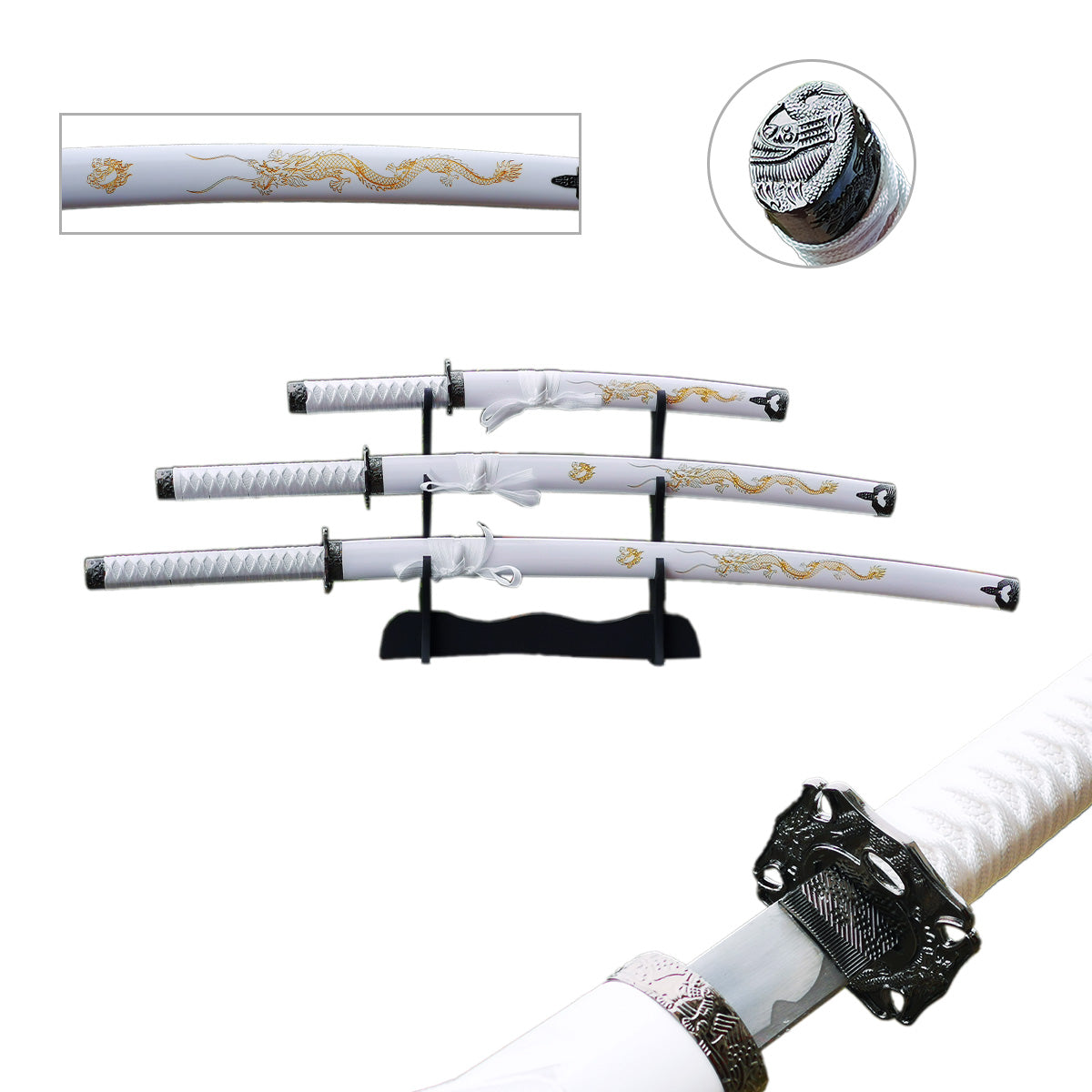 3 Pcs Samurai Sword White Set - Gold Dragon Saya