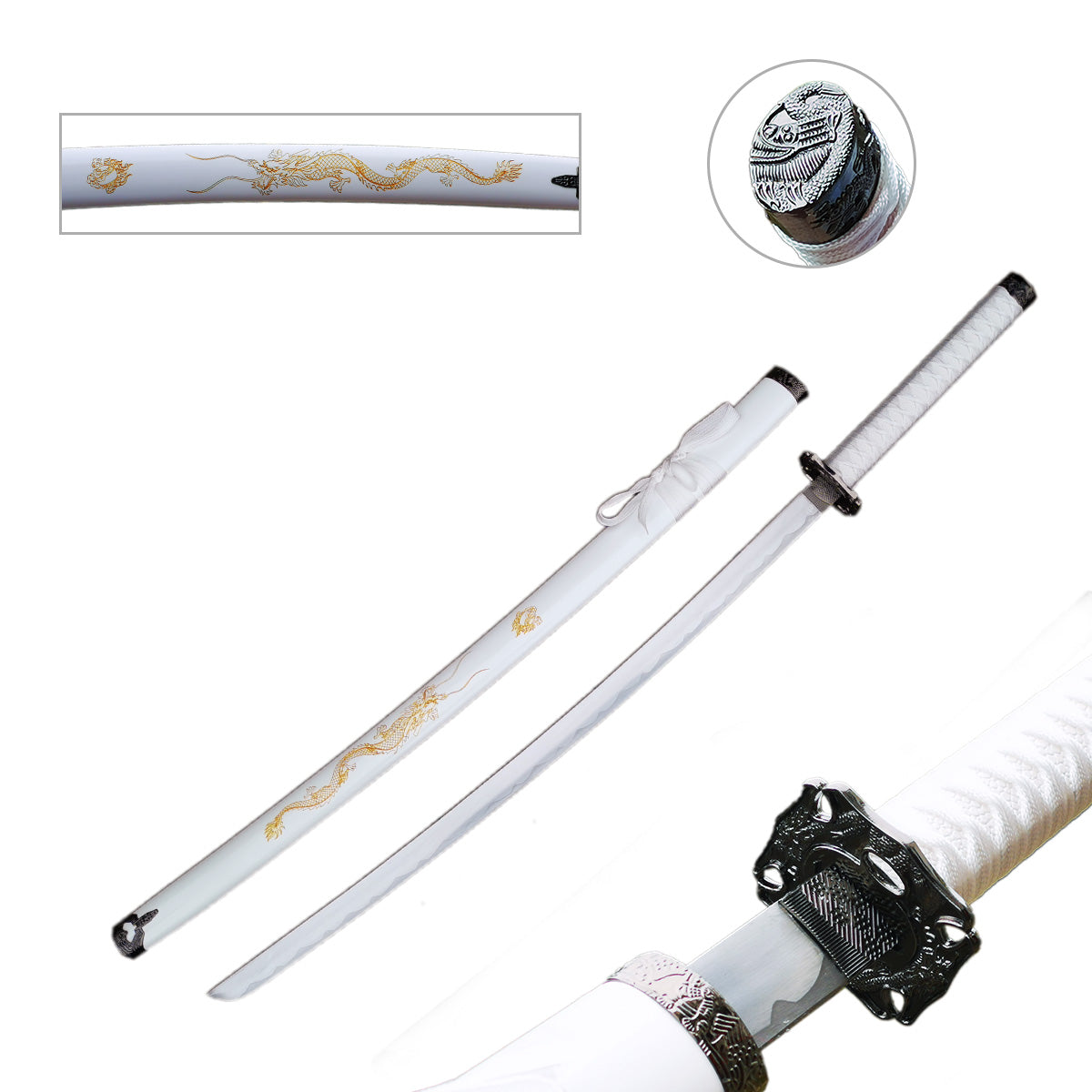 White Samurai Sword with Dragon Engraved on Saya