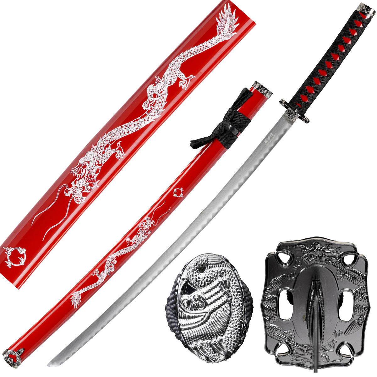 Samurai Sword with Red Dragon Scabbard with Stand