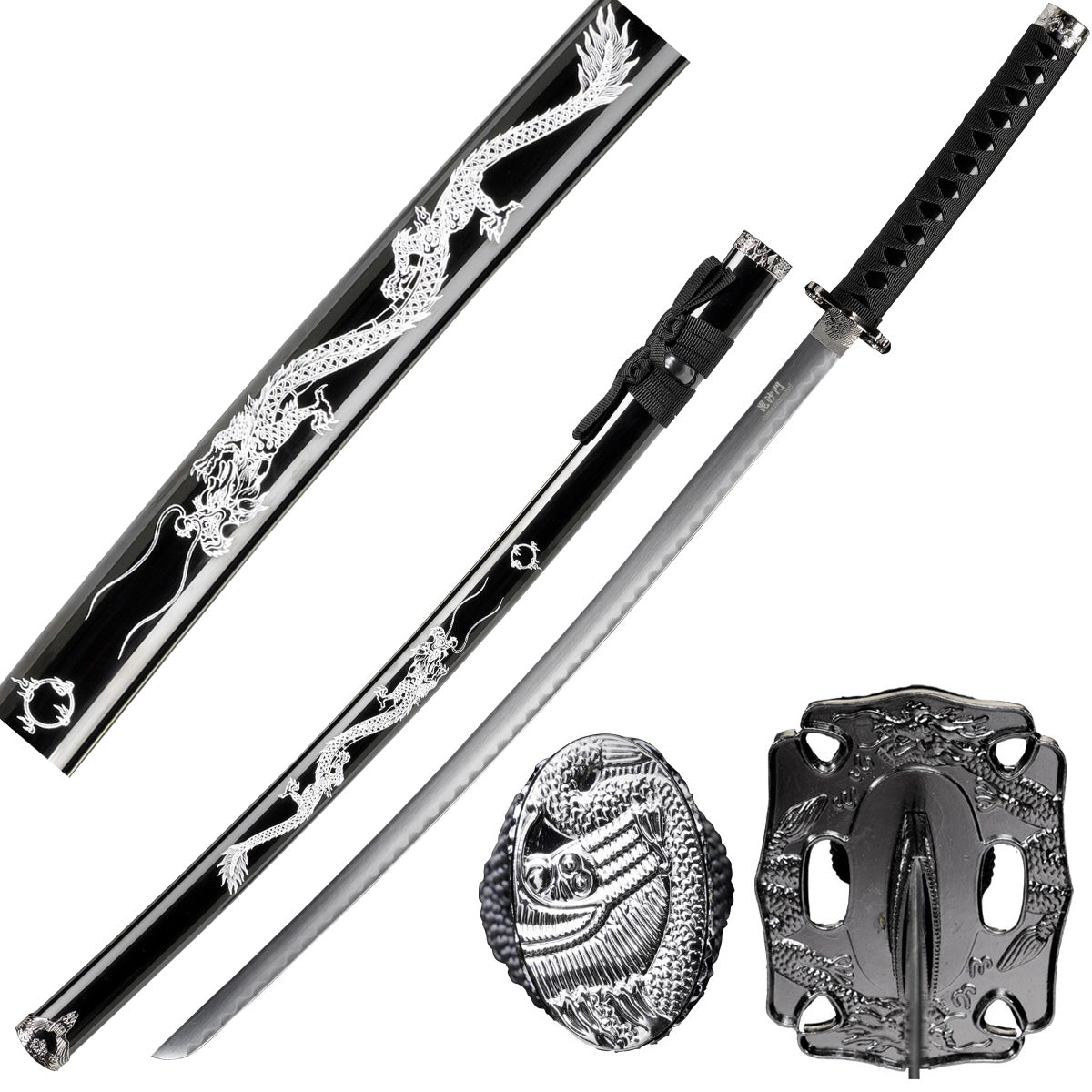 Samurai Sword with Black Dragon Scabbard with Stand
