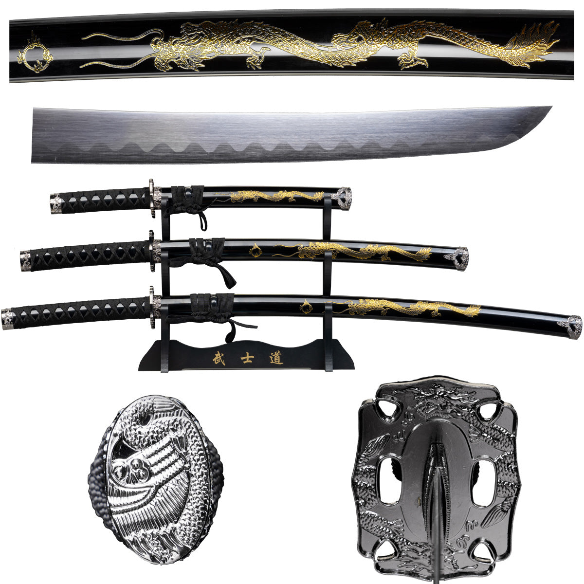 SA123BK-GDG 3-Piece Samurai Sword Set | Black Saya, Golden Dragon