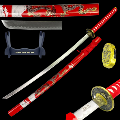 Bishamon Samurai Sword w/ Red Dragon Scabbard  & Stand