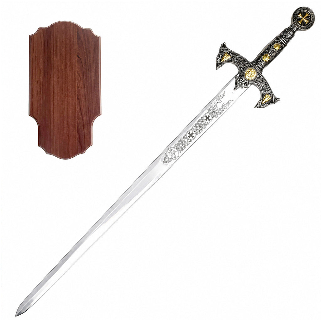 47" Knights of Templar Sword w/ gold medallion & wood plaque