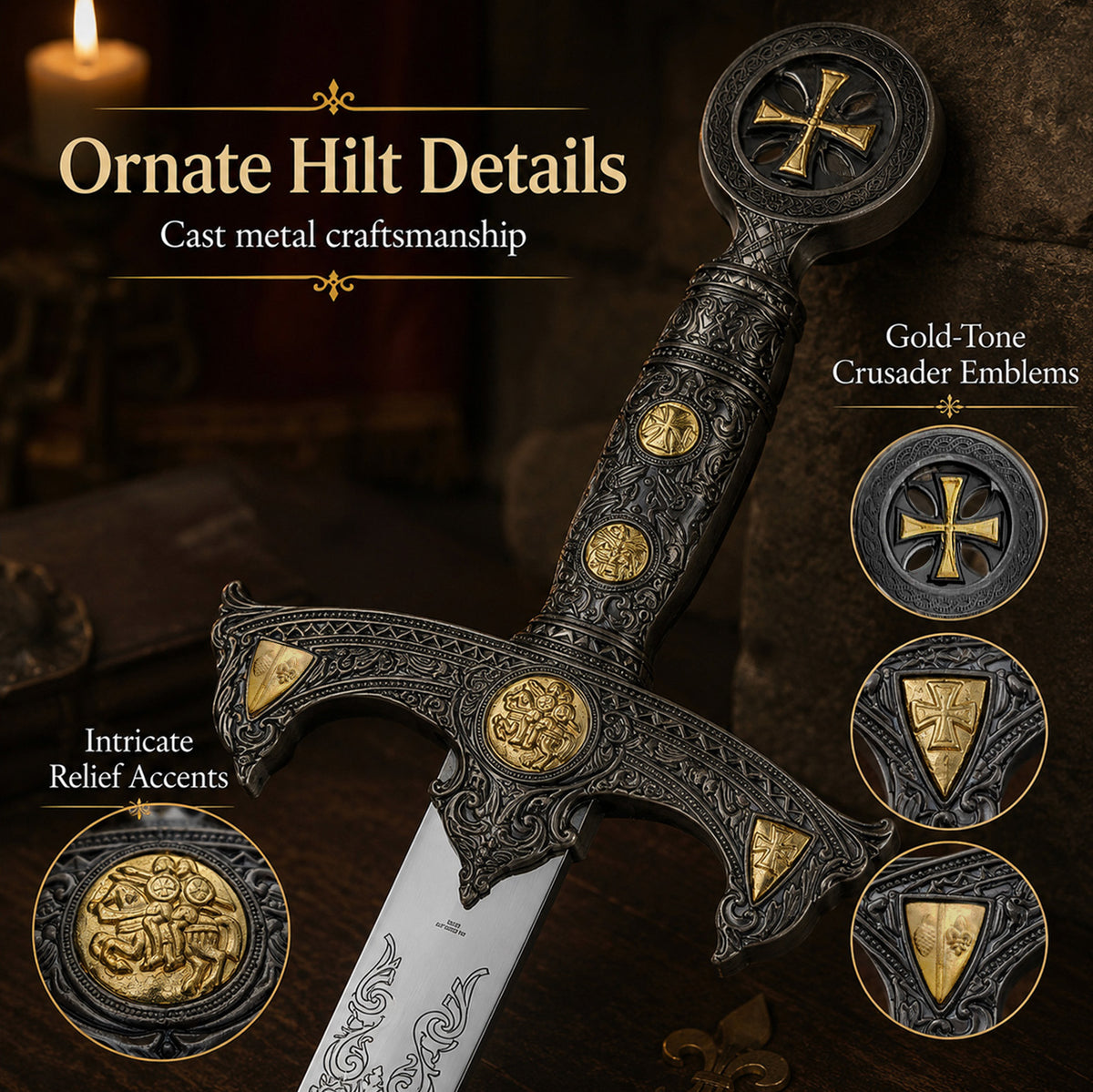 47" Knights of Templar Sword w/ gold medallion & wood plaque