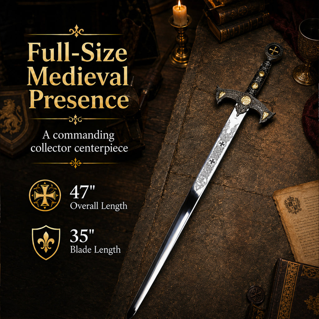 47" Knights of Templar Sword w/ gold medallion & wood plaque
