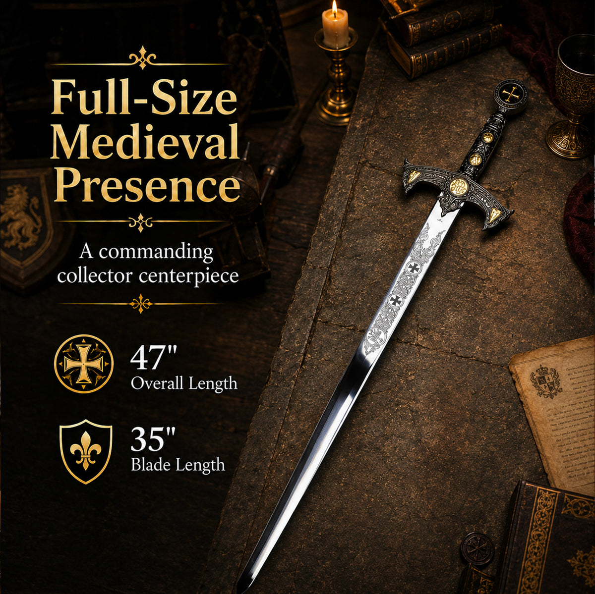 47" Knights of Templar Sword w/ gold medallion & wood plaque