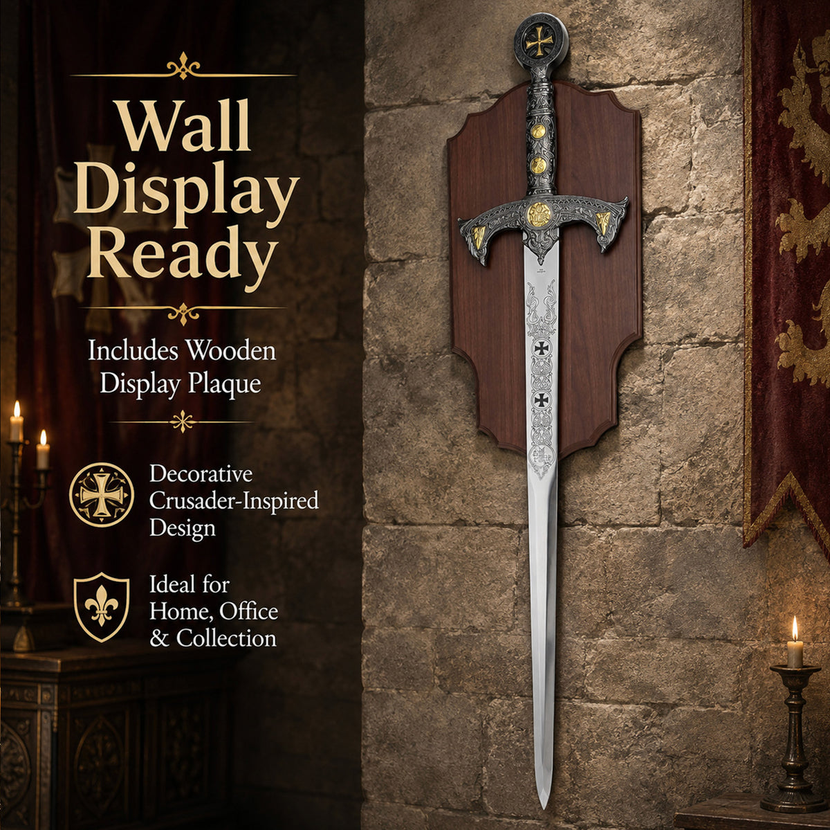 47" Knights of Templar Sword w/ gold medallion & wood plaque