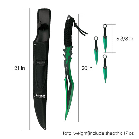 20" Flame Machete w/throwing knives-Green