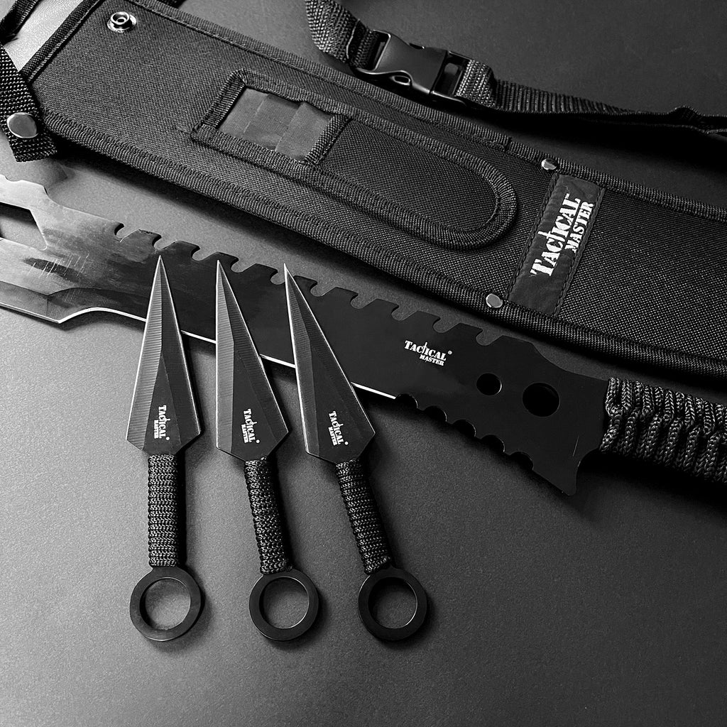 26" Black Machete w 3 Throwing Knives