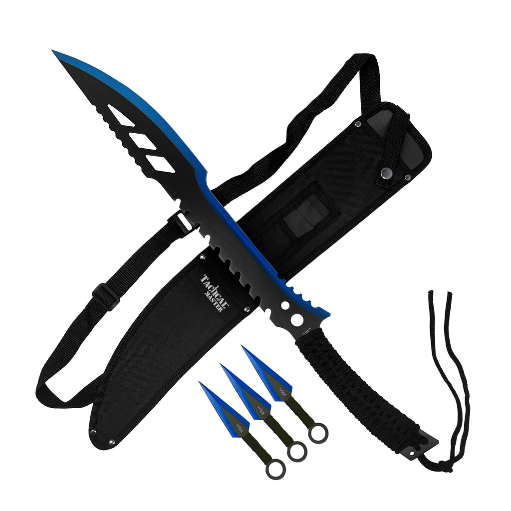 26" Blue Machete w 3 Throwing Knives