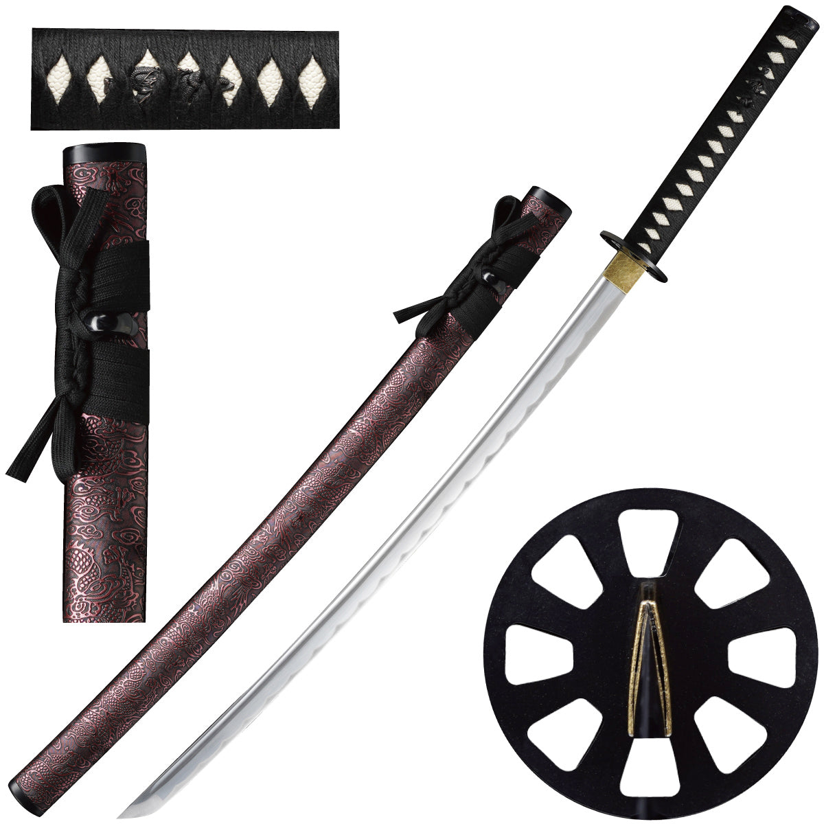 39.5-inch hand-forged 1045 steel samurai sword with burgundy scabbard, SKU SS326PP