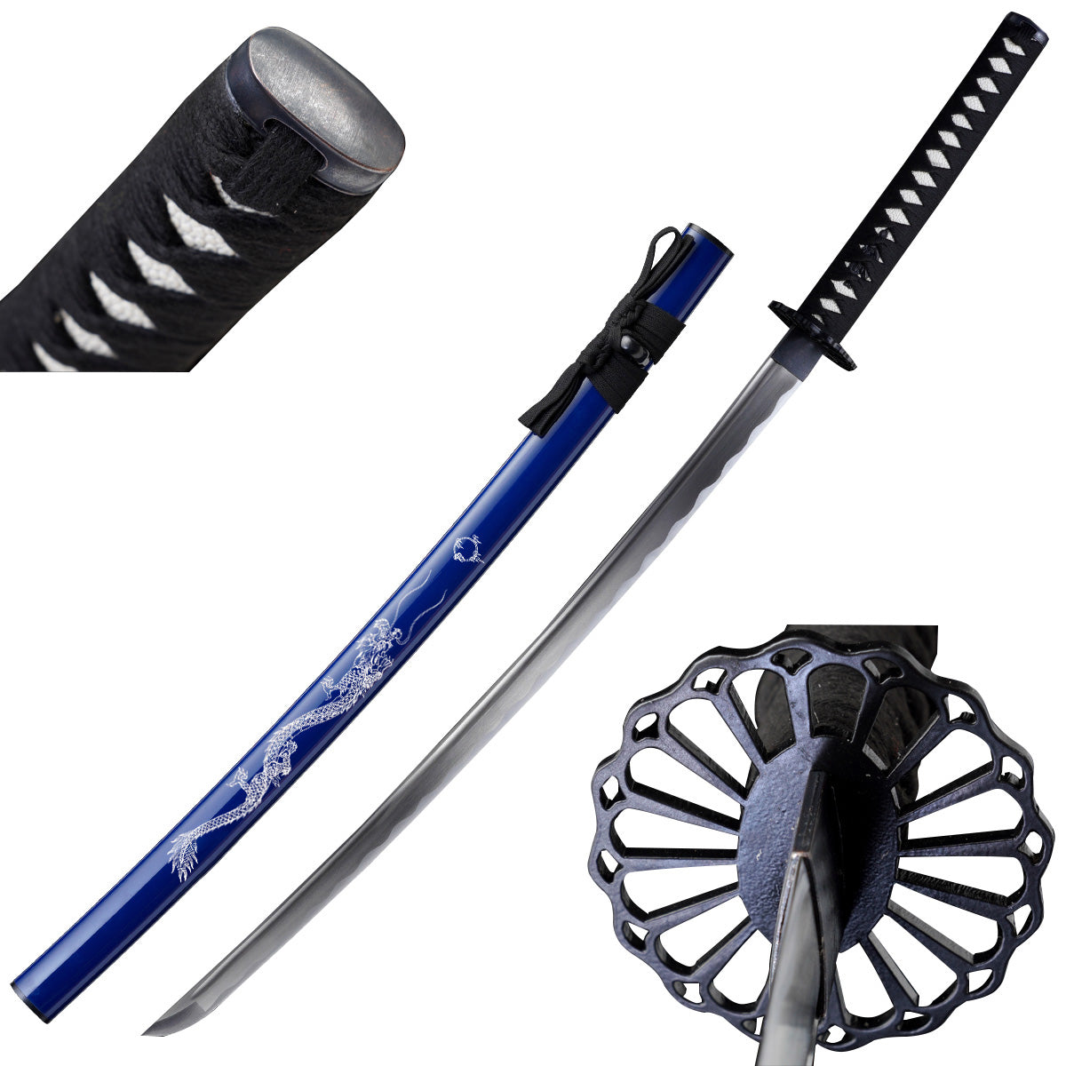 41-inch 1045 steel samurai sword with blue scabbard and white dragon artwork, SKU SSP101BL-DG