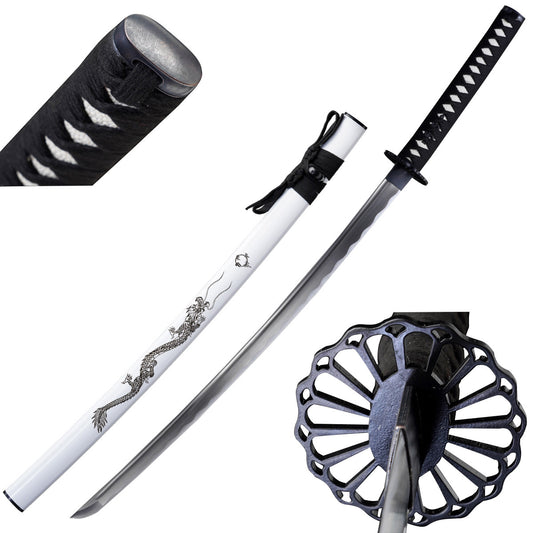 41-inch 1045 steel samurai sword with white dragon scabbard and gift box, SKU SSP101WT-DG