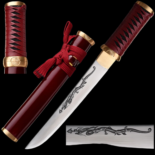 13.75" Hand forged tanto w/ burgundy wood scabbard.