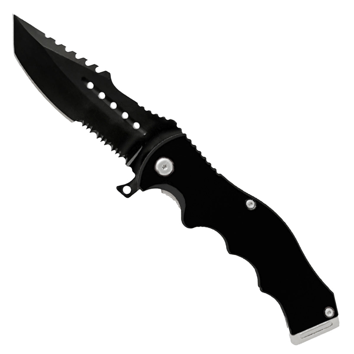 Pacific Solution EDC Spring Assisted Pocket Knife with a sleek black design and serrated blade