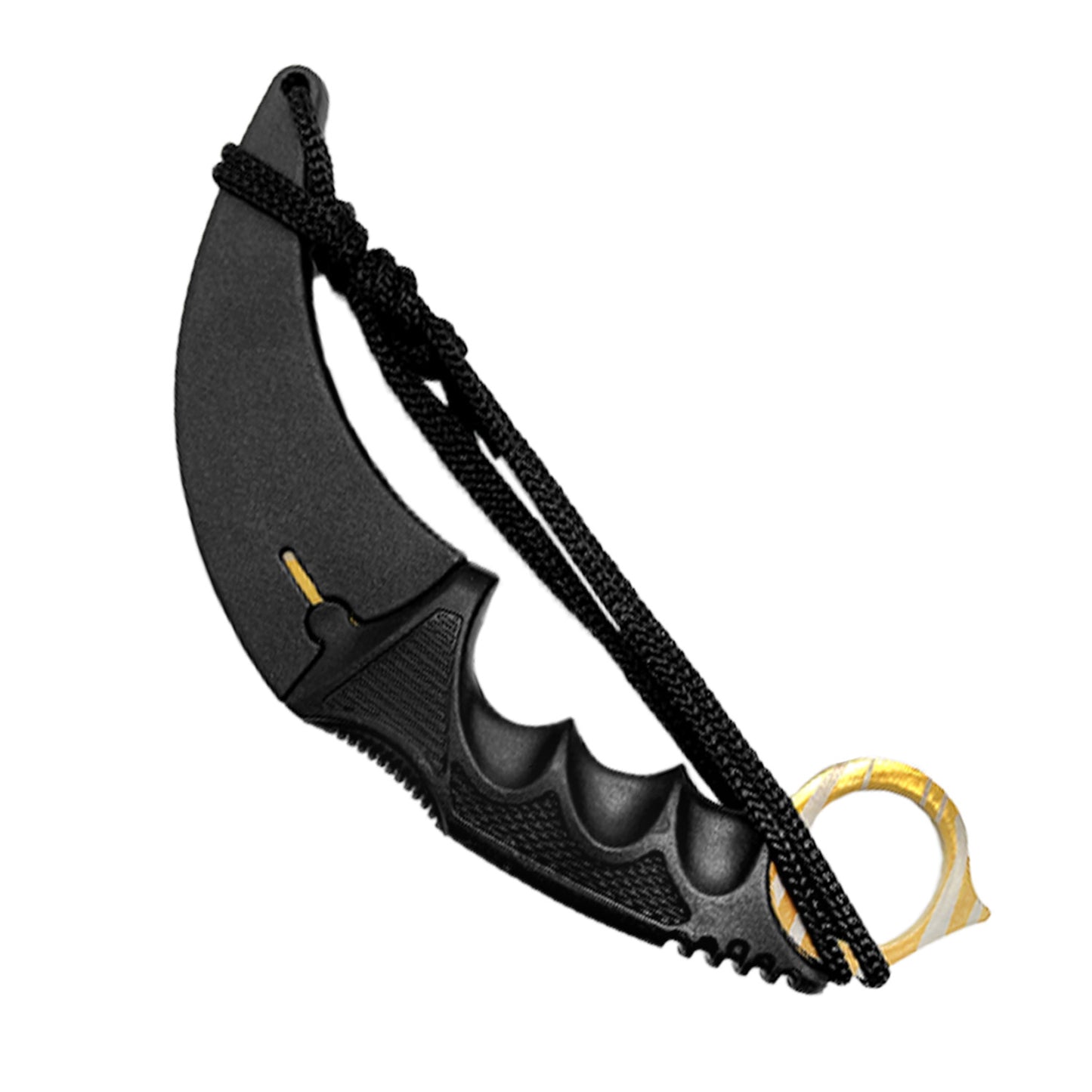 Falcon Gold Karambit Trainer Knife with a black handle and protective sheath for safe training