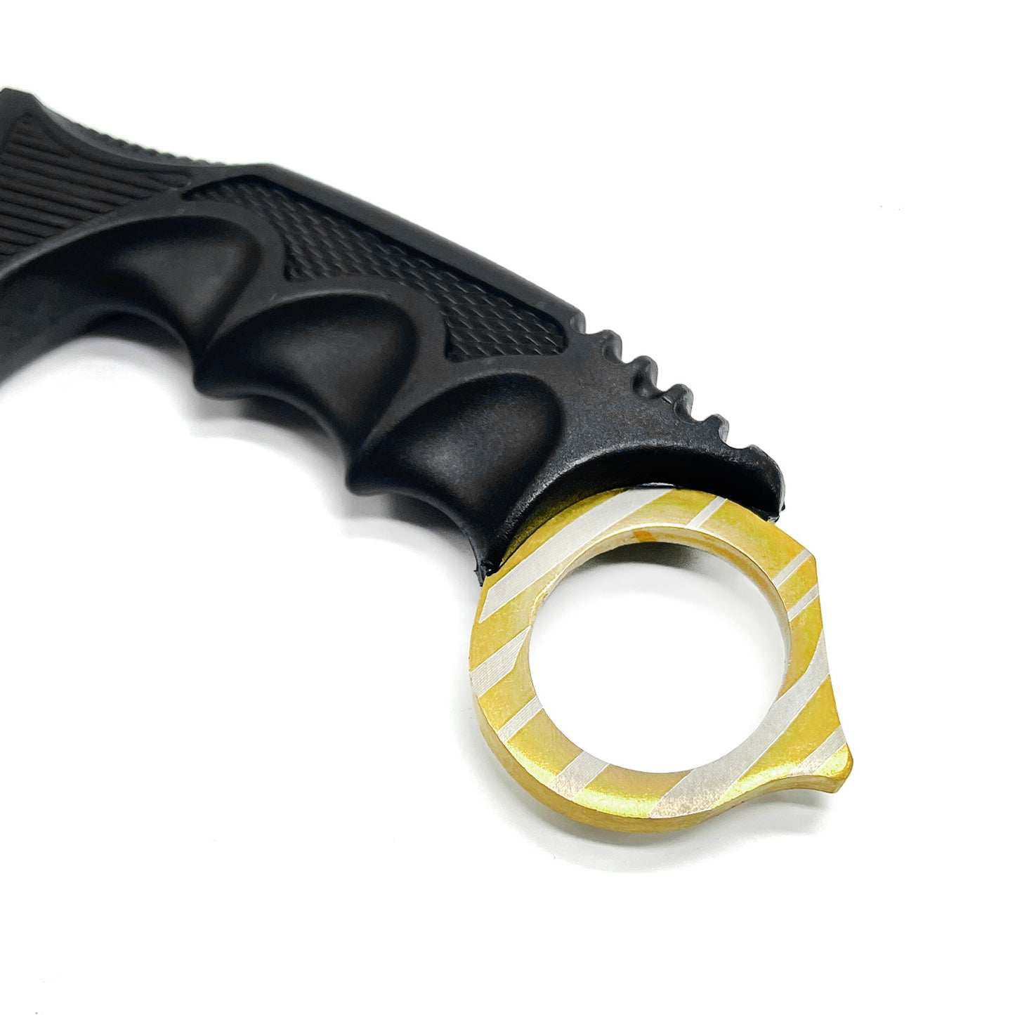 Gold Karambit Trainer Knife with black ergonomic grip for martial arts training