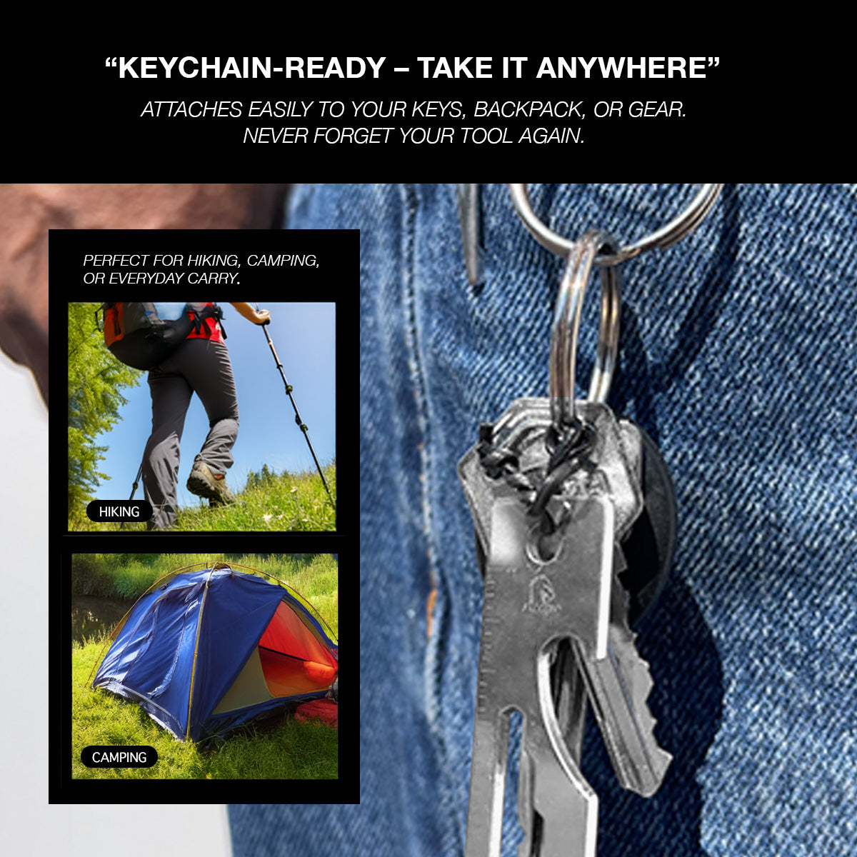 Falcon Silver Multi-Tool - 2.7" 8-in-1 Multi-Tool Keychain attached to backpack for hiking or camping