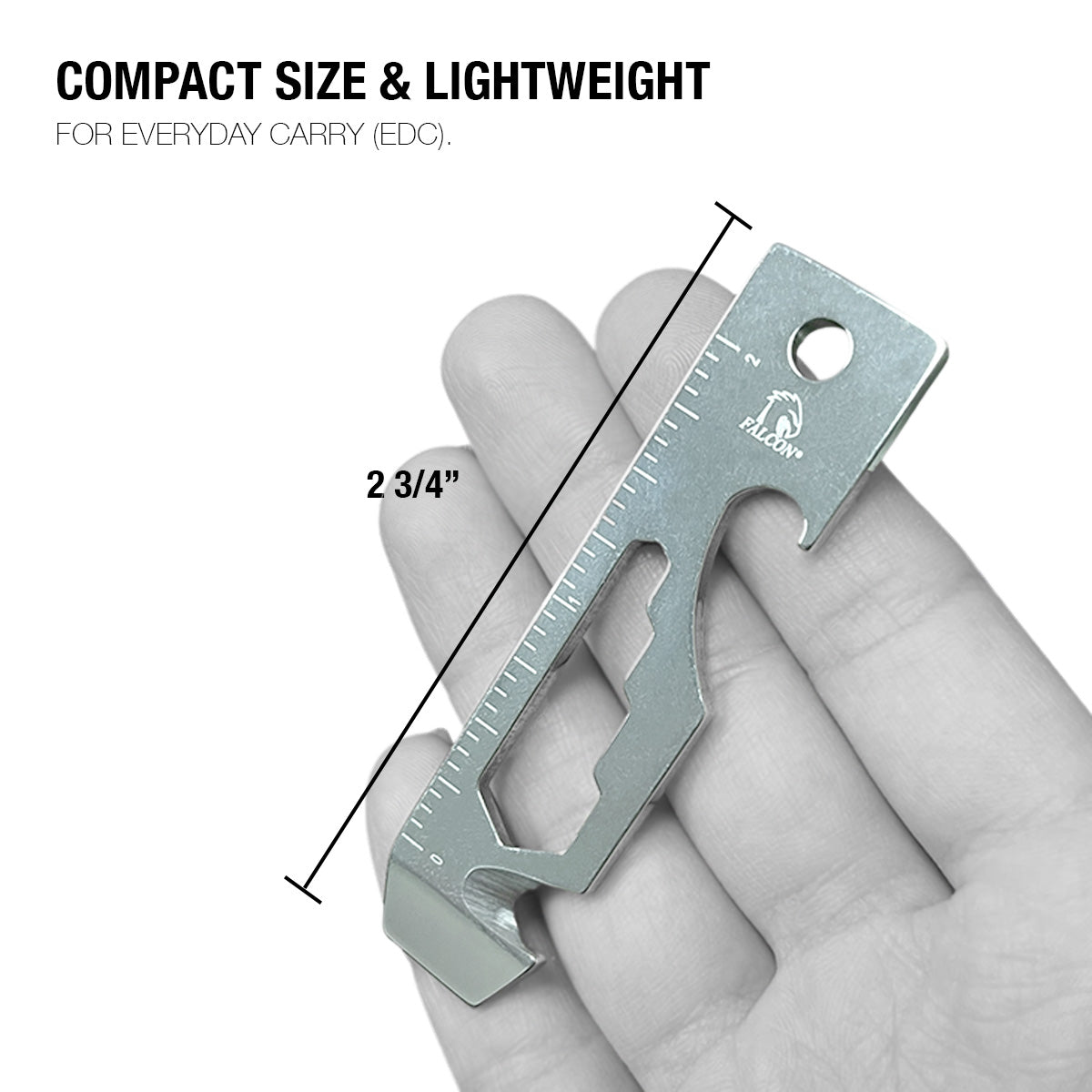 Falcon Silver Multi-Tool - 2.7" 8-in-1 Multi-Tool Keychain in hand, compact size for everyday carry