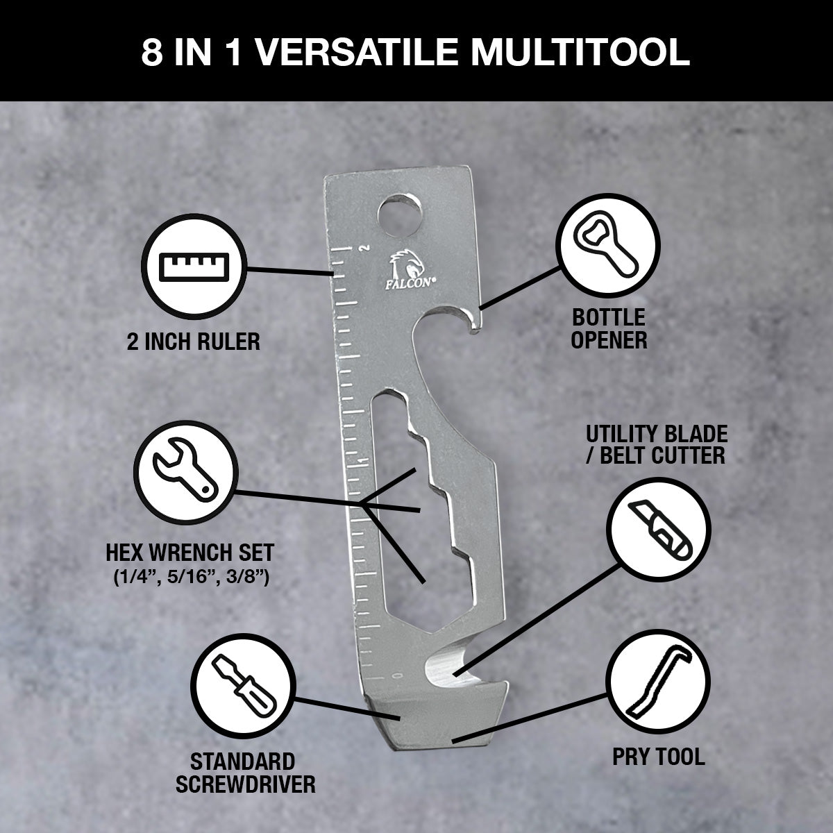 Falcon Silver Multi-Tool - 2.7" 8-in-1 Multi-Tool Keychain with various functions including screwdriver and ruler