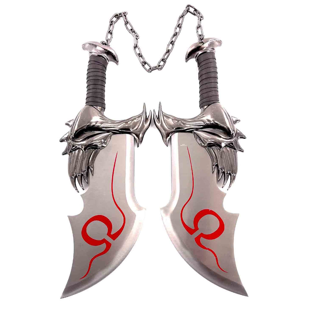 Fantasy Dagger 2PCS Decorative Set w/ Plaque featuring dual blades with intricate designs and chain