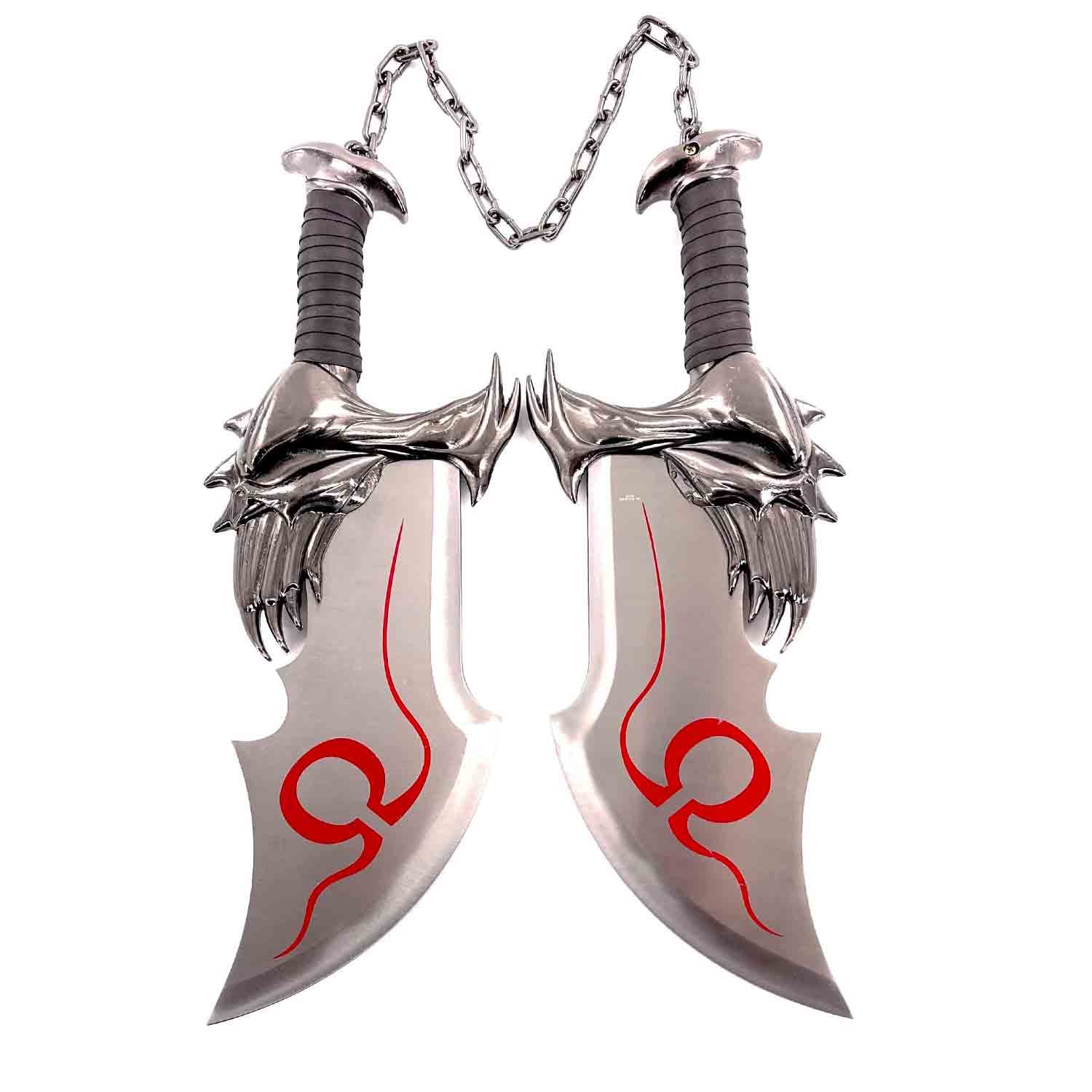 Fantasy Dagger 2PCS Decorative Set w/ Plaque featuring dual blades with intricate designs and chain