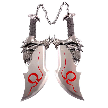 Fantasy Dagger 2PCS Decorative Set w/ Plaque featuring dual blades with intricate designs and chain