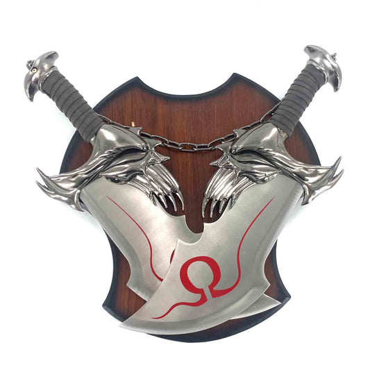 Fantasy Dagger 2PCS Decorative Set w/ Plaque featuring twin blades with detailed handles for wall display