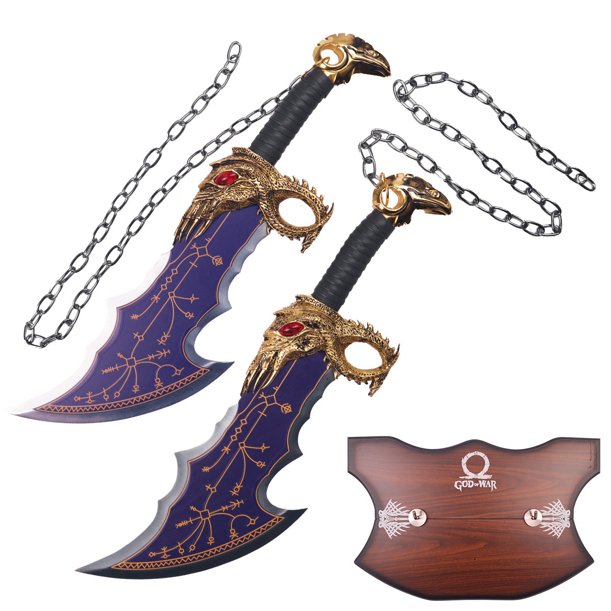 Fantasy Daggers 2PCS Set of Chaos with ornate designs and connected chains for display or cosplay