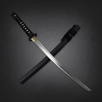 Musha Iaido Martial Arts Practice Katana Sword with a polished blade and a black scabbard