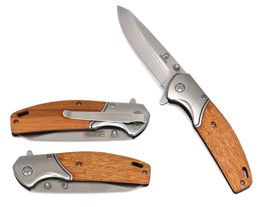 Falcon Wood Handle Spring Assisted Knife - 3" Silver Blade