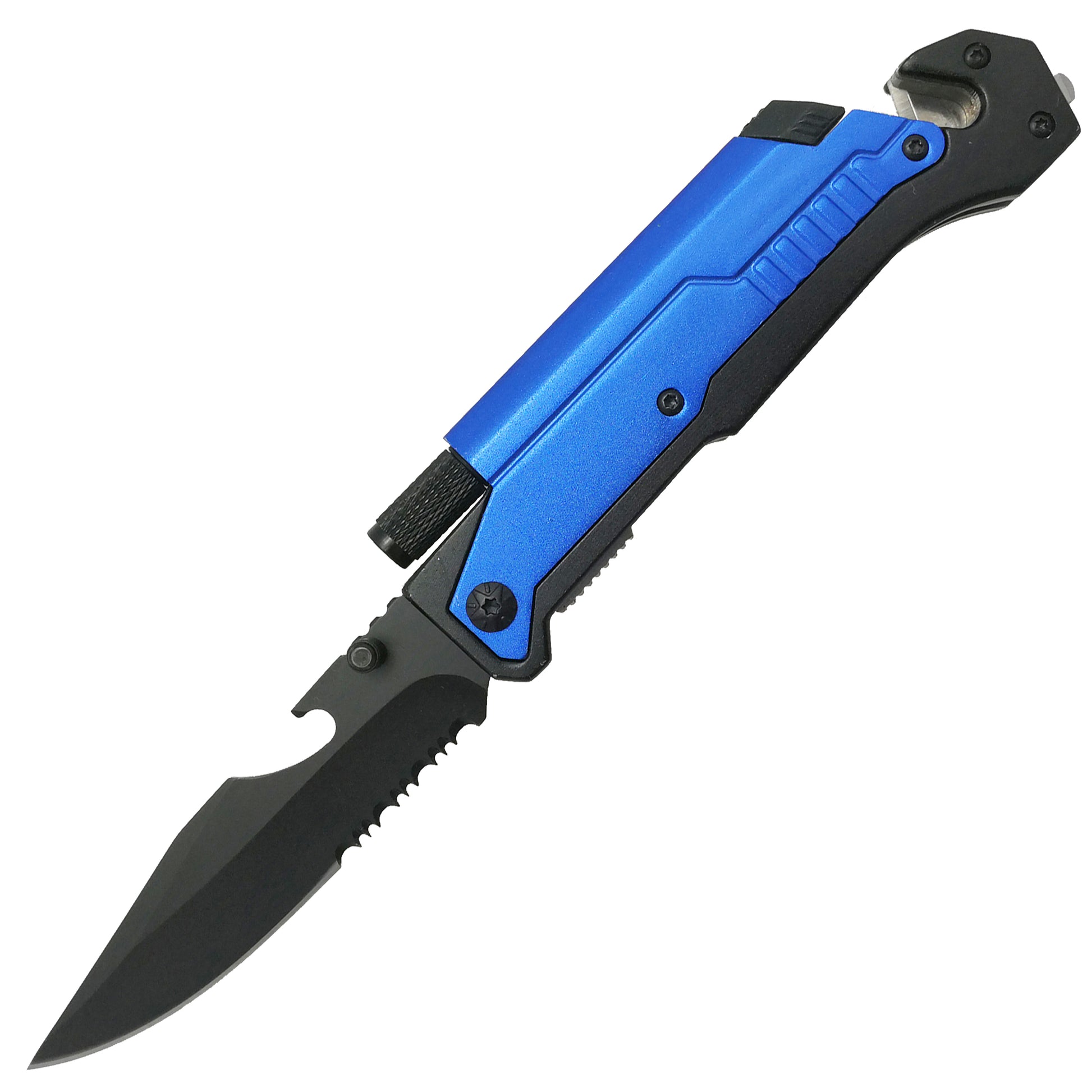 Pacific Solution multi-tool folding knife with flashlight and fire starter, featuring a blue handle and serrated edge