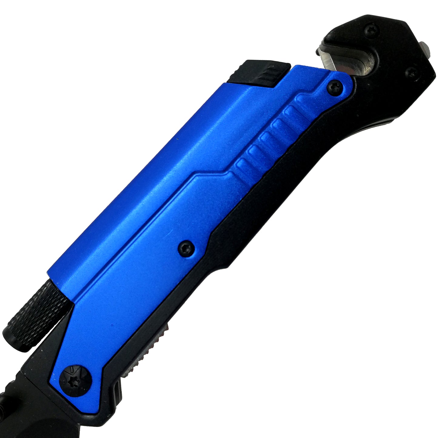 Pacific Solution multi-tool folding knife with flashlight and fire starter, featuring a blue handle for ease of use