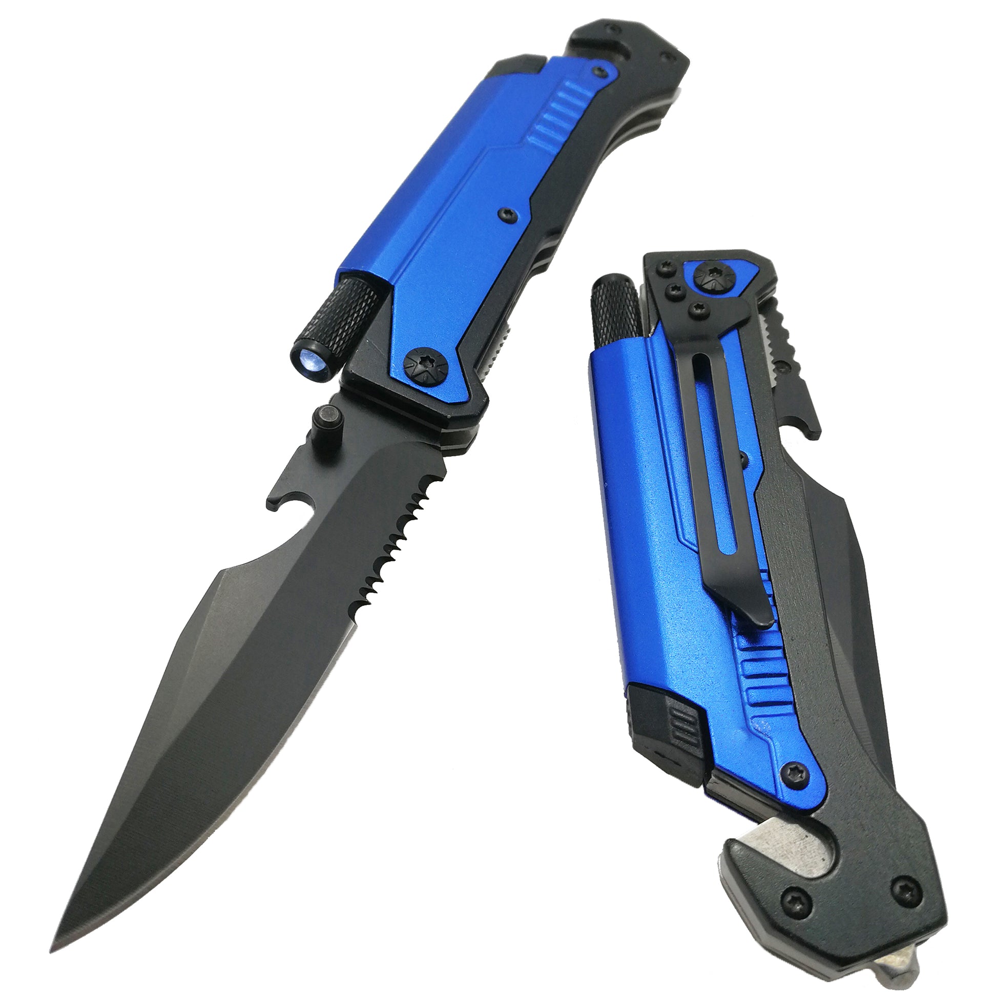 Pacific Solution multi-tool folding knife with flashlight and fire starter, featuring a blue handle and durable blade