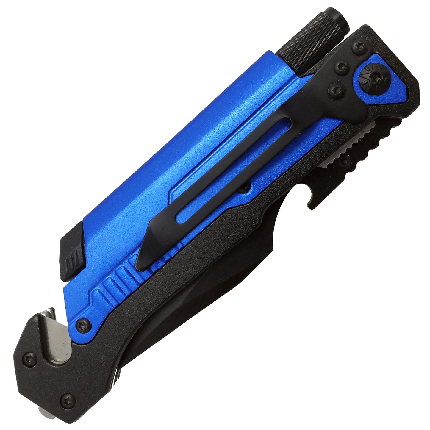 Pacific Solution multi-tool folding knife with flashlight and fire starter in blue color