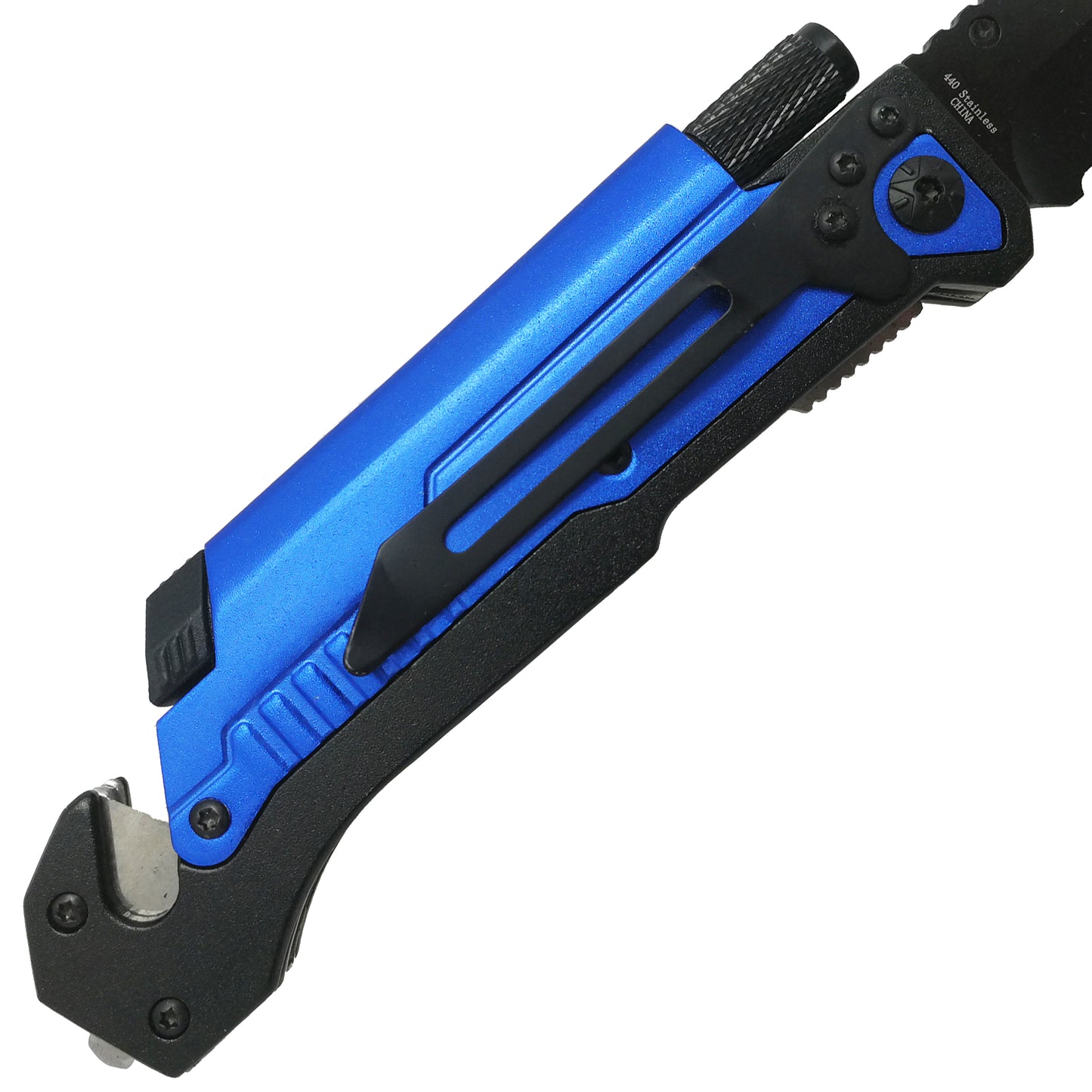 Pacific Solution multi-tool folding knife with flashlight and fire starter features a durable blue handle