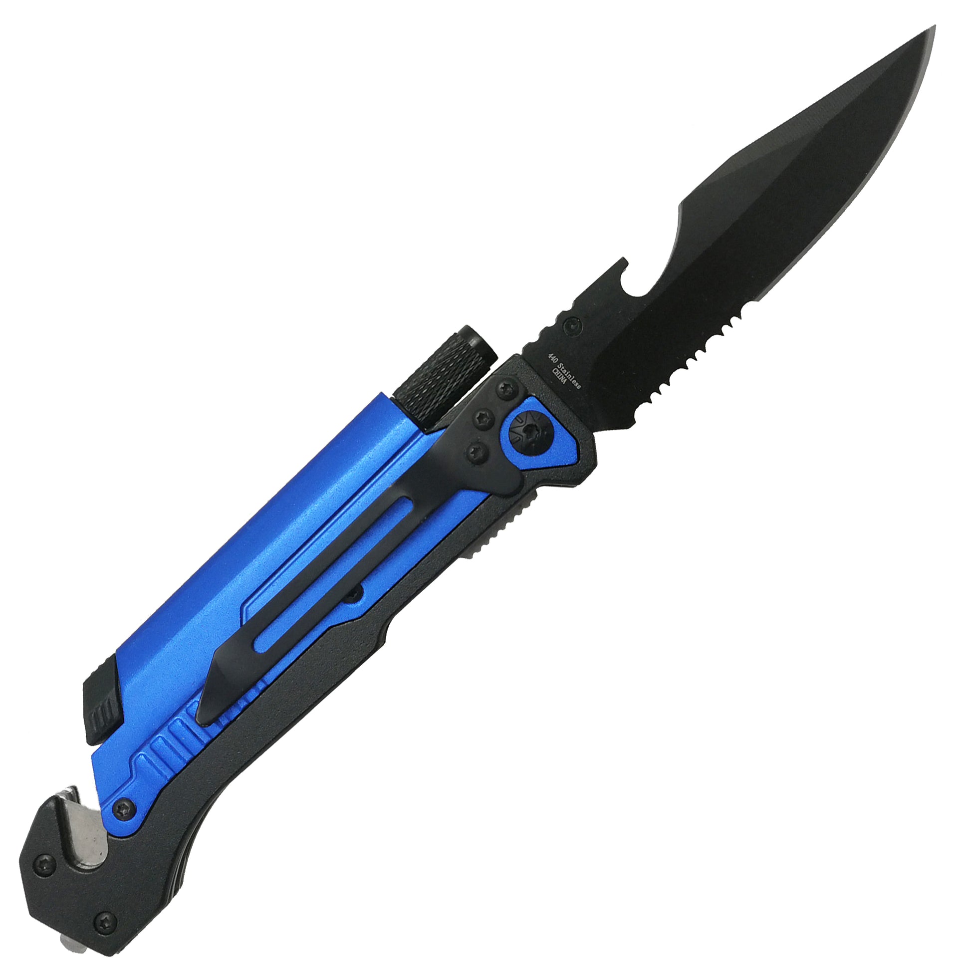 Pacific Solution multi-tool folding knife with flashlight and fire starter featuring a durable blue and black design